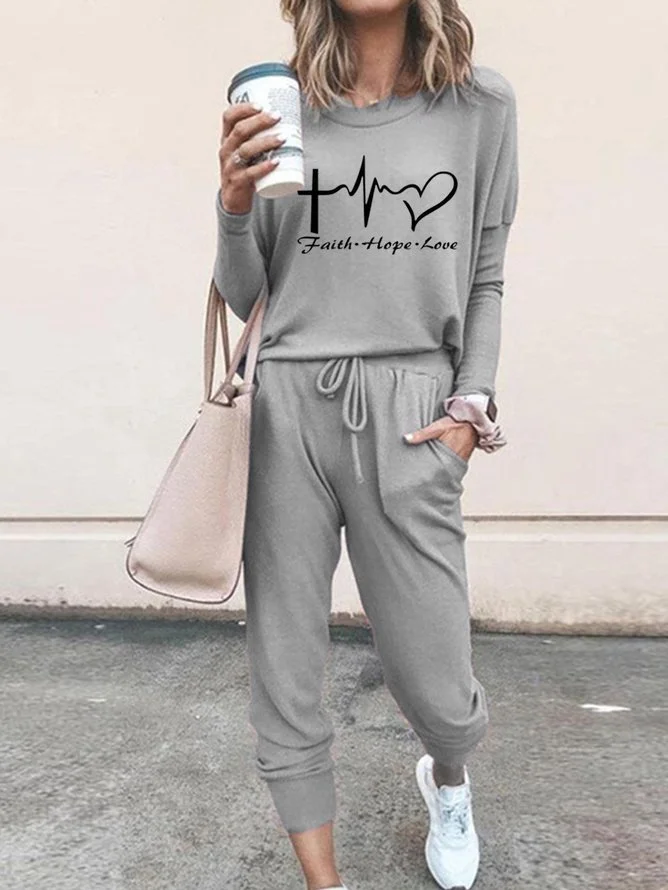 Simple Text Letters Autumn High Elasticity Loose Long Sleeve Top With Pants H-Line Regular Two Piece Sets For Women