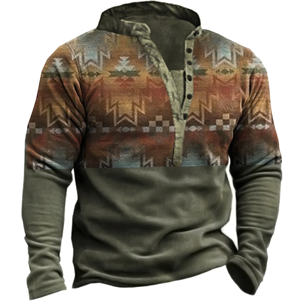 Men's Retro Totem Printed Long Sleeve Outdoors Shirt   