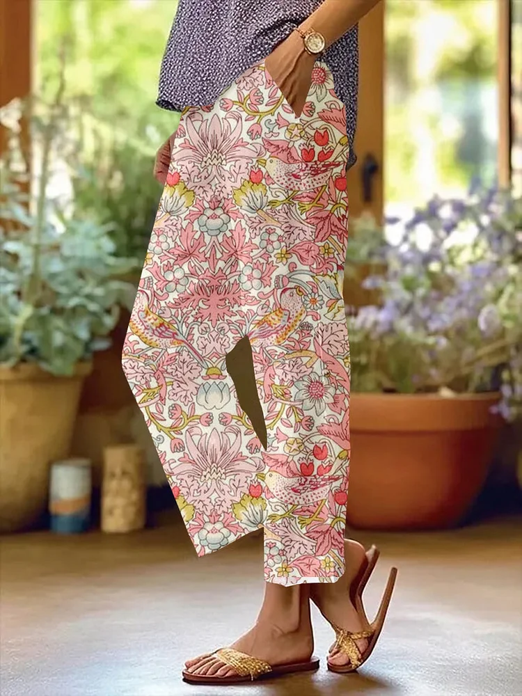 Floral Printed Cotton And Linen Casual Pants