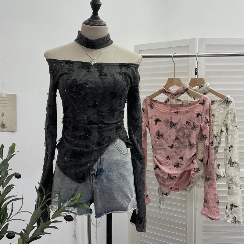 Brownm Pink Butterfly Hanging Neck To Make Old Hole Long-Sleeved T-Shirt Hottie Slanted Shoulder Slim Short Blouse 8002