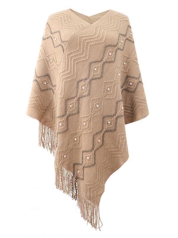 Women's V-neck Knit Shawl Fringed Hem Striped Sweater Top