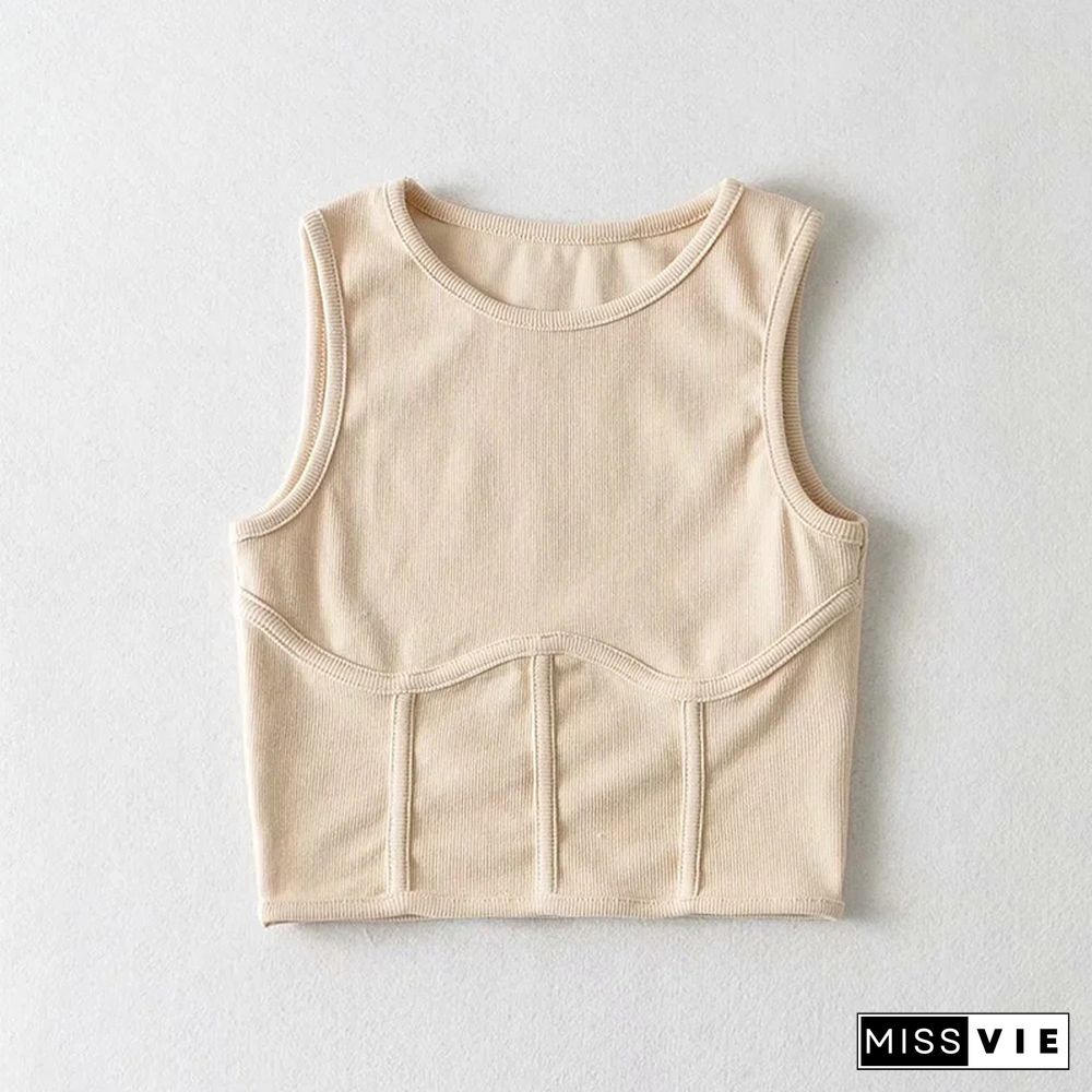 Summer Womens Streetwear Corset Crop Top Elastic Cotton Sleeveless O-Neck Solid Sexy Tank