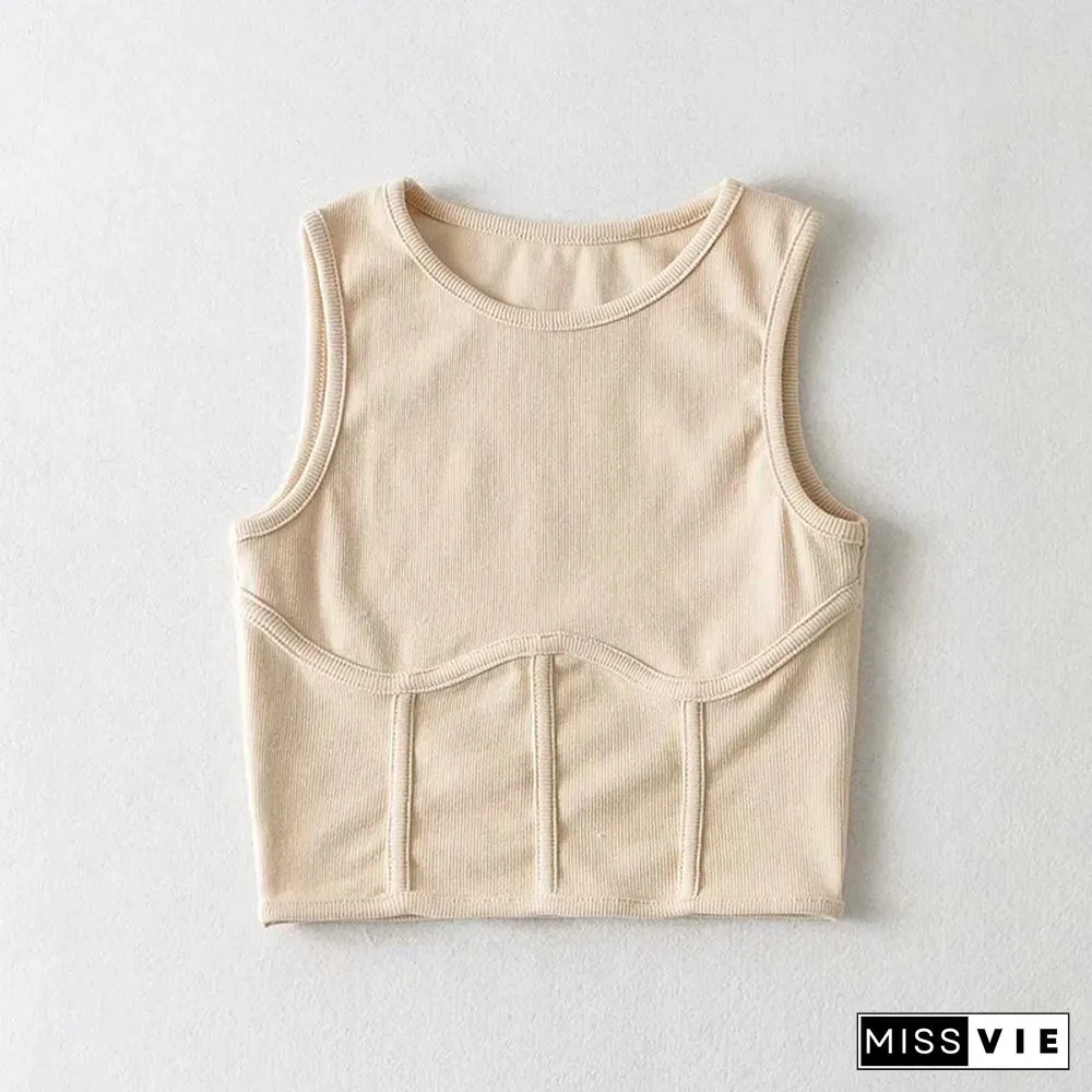 Summer Womens Streetwear Corset Crop Top Elastic Cotton Sleeveless O-Neck Solid Sexy Tank