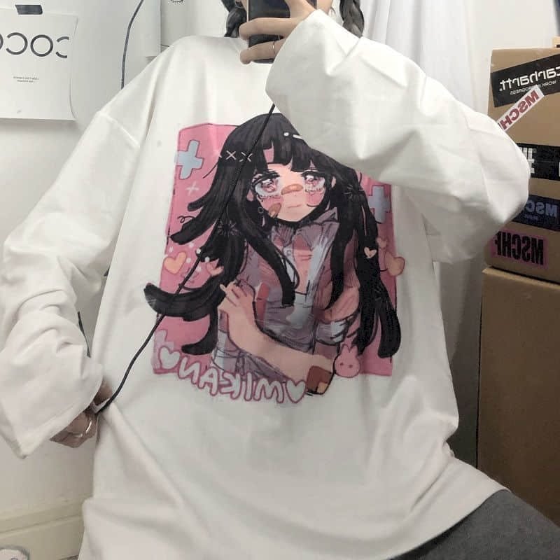 Japan Sweet Tshirt Women T Shirt Harajuku Bf Retro Tops Girl Anime Printing Loose Long-sleeved T-shirt Female Student Top