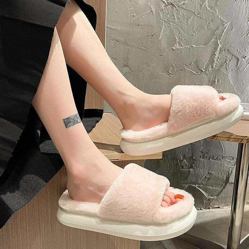 Winter Women&#39;s Slippers Thick-bottomed Fur Furry Slippers for Home Soft Platform Shoes 2022 Indoor House Warm Cotton Slippers