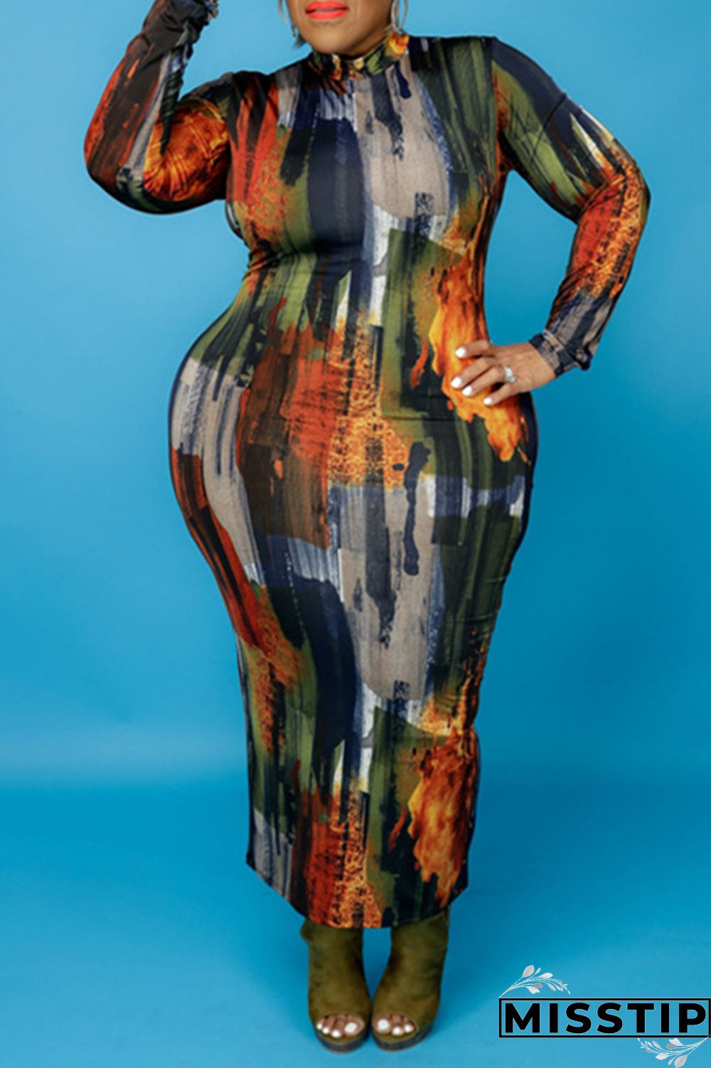 Multicolor Fashion Casual Print Basic O Neck Long Sleeve Plus Size Dresses