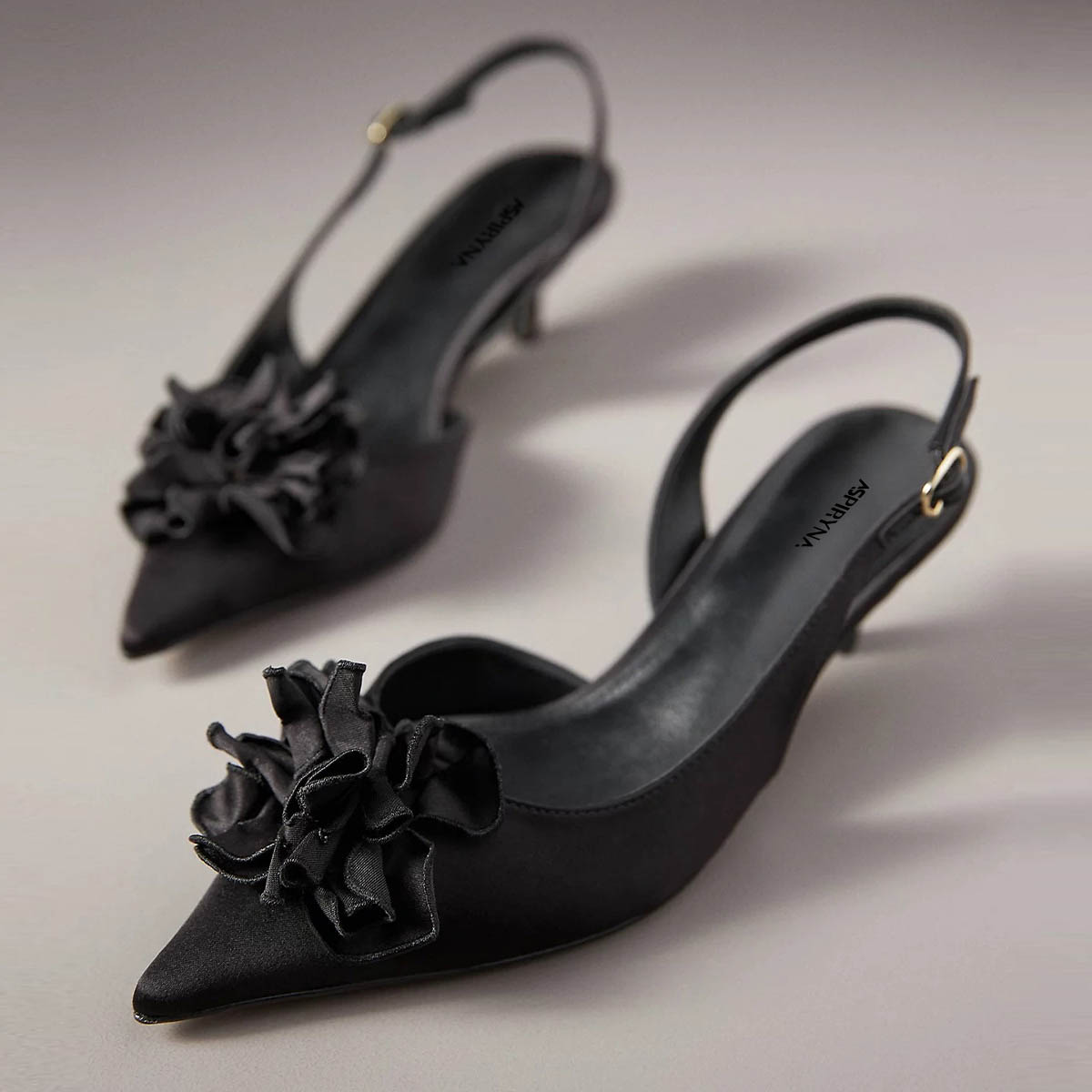 Satin Pointed Toe Buckle Black Slingback Kitten Heels with Flower Nicepairs