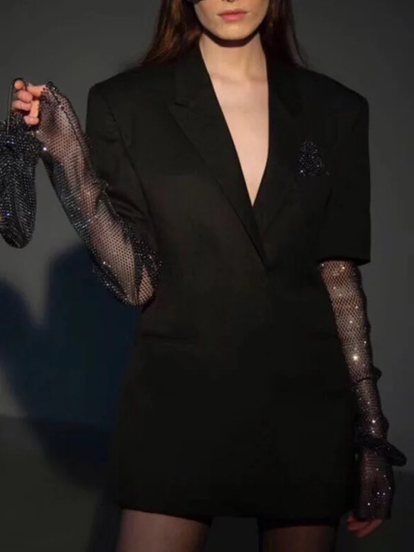 Women's hot beaded mesh long sleeve splicing suit jacket Flusfy