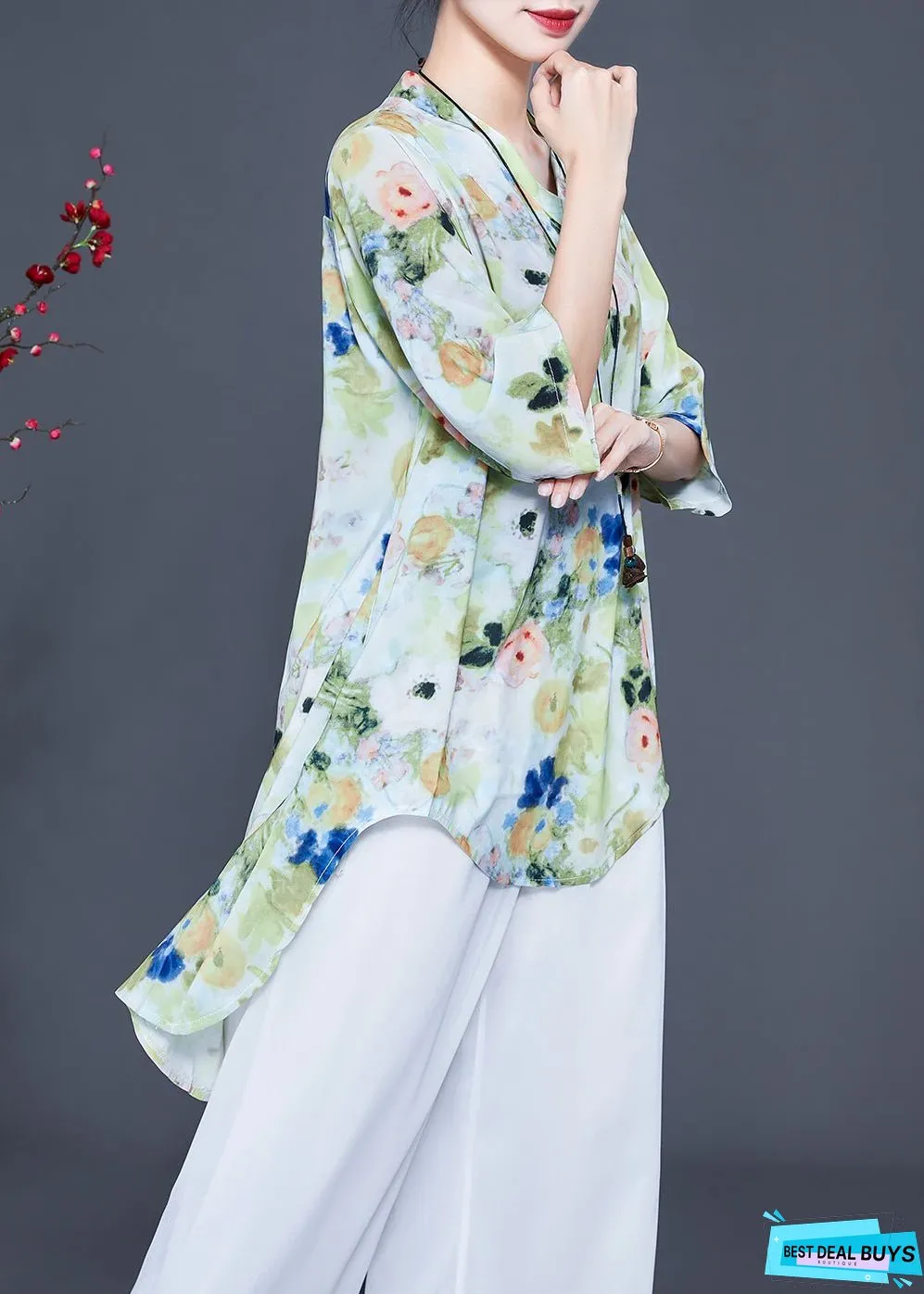 Women Light Green Print Low High Design Chiffon Two-Piece Set Summer