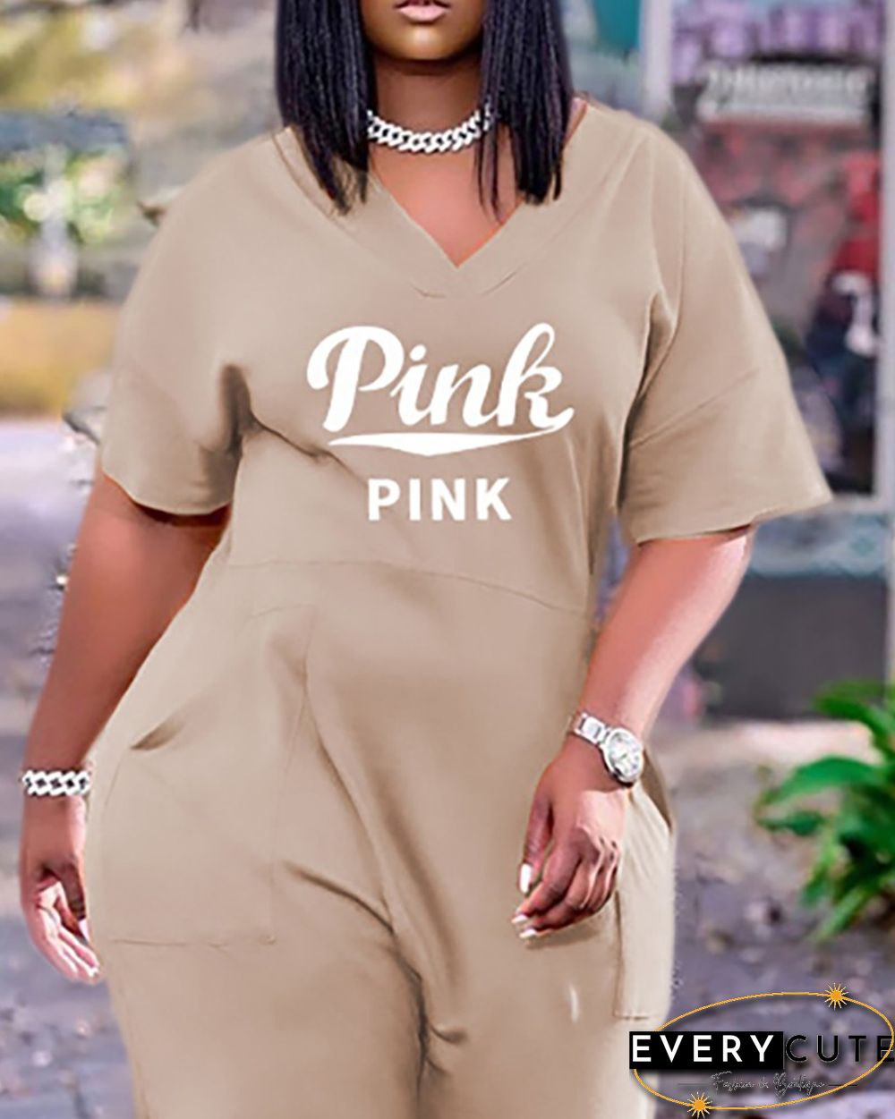 Letter Print V-Neck Short Sleeve Pocket Design Jumpsuit