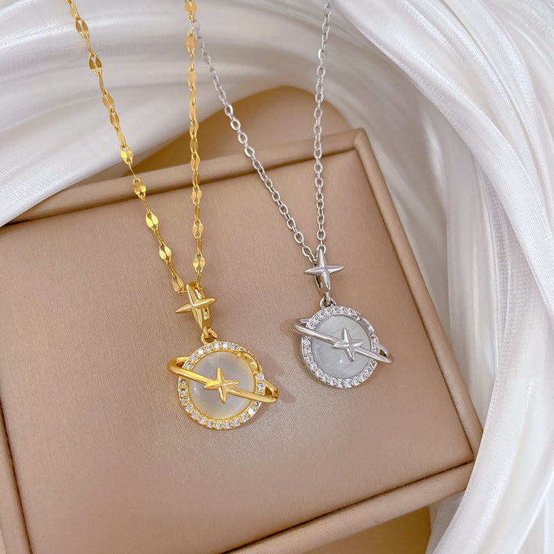 Micro-Inlaid Real Gold Cat'S Eye Planet Necklace Female Clavicle Chain Niche Design