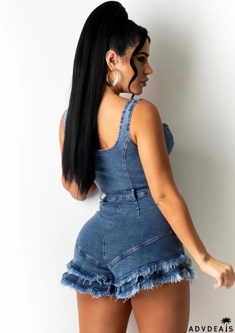 Summer Blue Wide Strap Tassels Denim Rompers