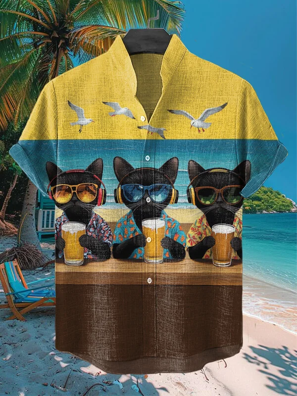 Men's Black Cats Drinking Beer Print Short Sleeve Shirt