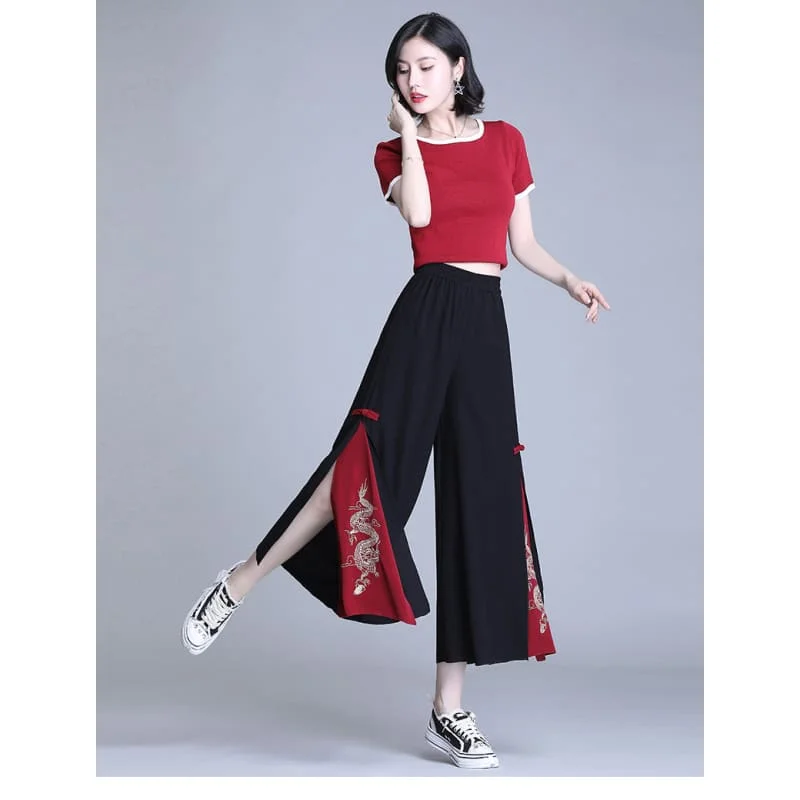 Embroidery Golden Dragon Casual Black Red Pants SP18212
