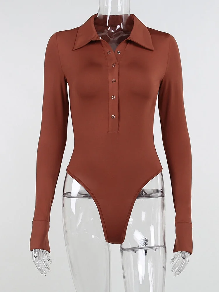WannaThis Basic Button Orange Bodysuits Female Autumn Long Sleeve Turn Down Collar Slim Casual Fitness Overalls For Women 2021