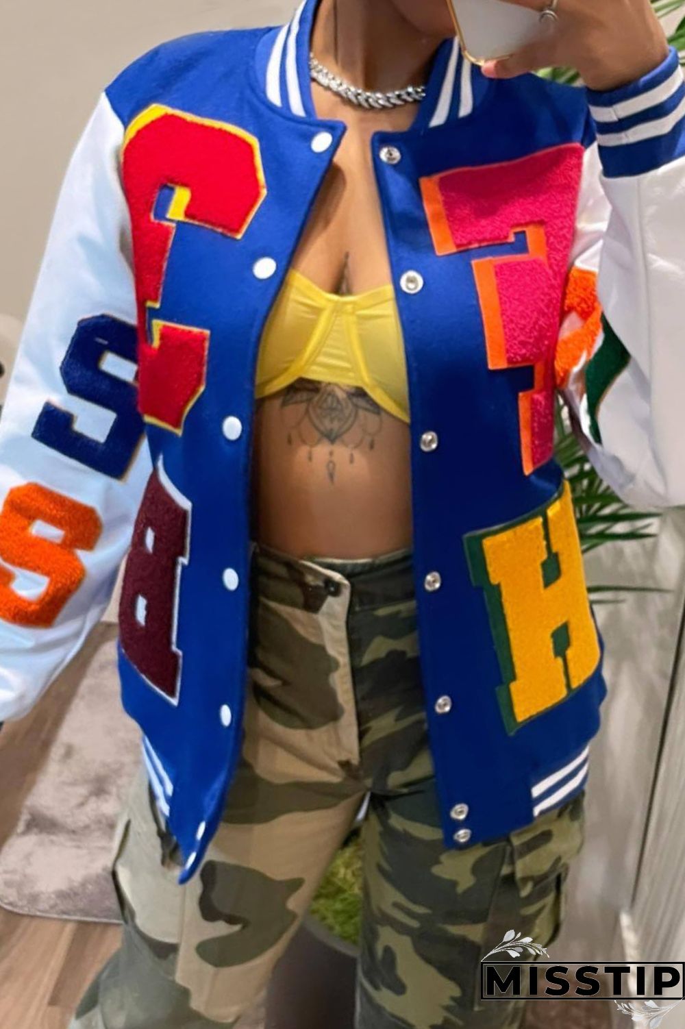 Blue Casual Letter Patchwork Contrast Turn-back Collar Outerwear