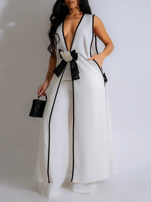 Sleeveless Contrast Color Split-Joint V-Neck Top + Wide Leg Pants Trousers Two Pieces Set
