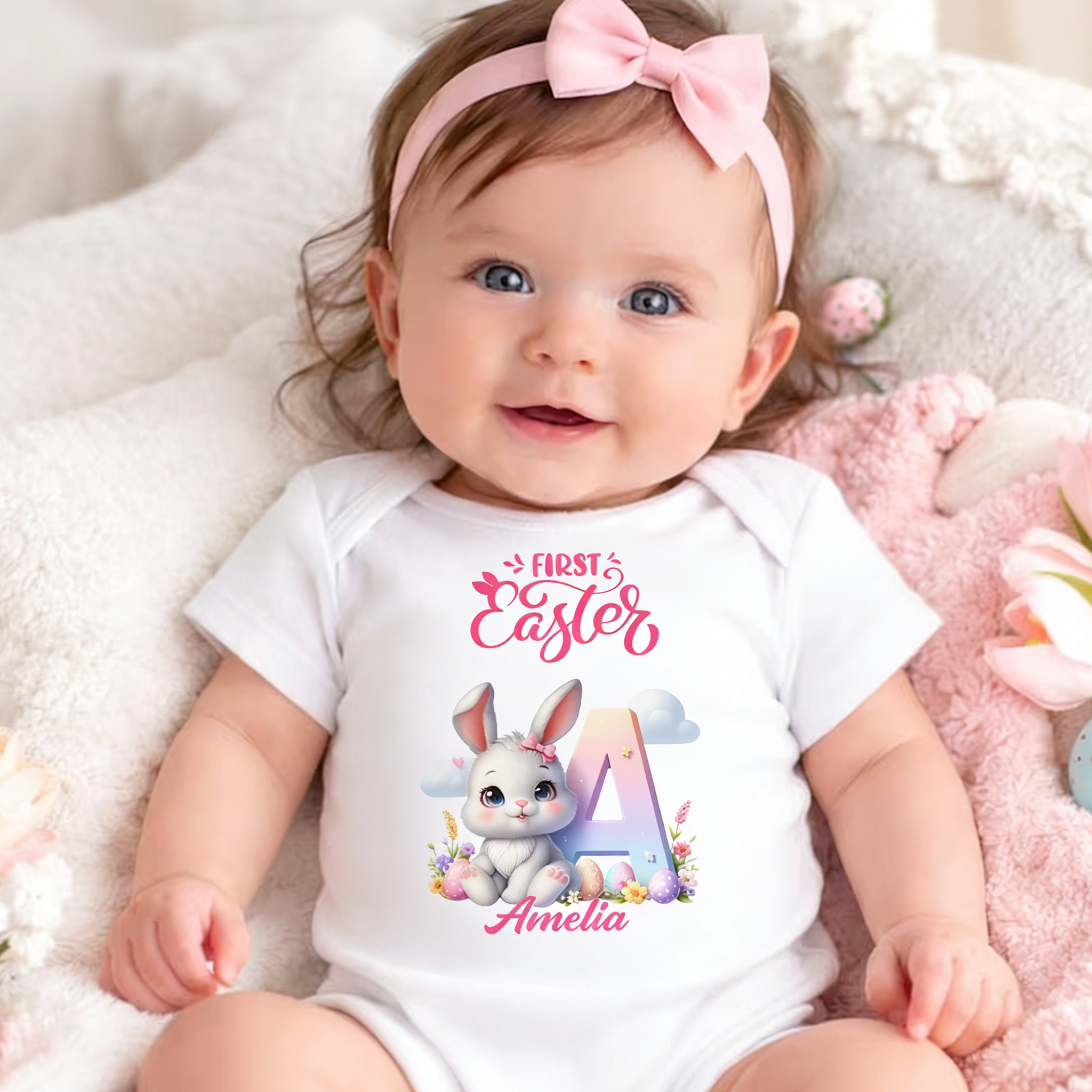 Personalized Baby First Easter Bodysuit Custom Name Bunny Romper Rabbit Skins Cotton Infant Onesie Personalized Baby Onesie Newborn Easter Gift 