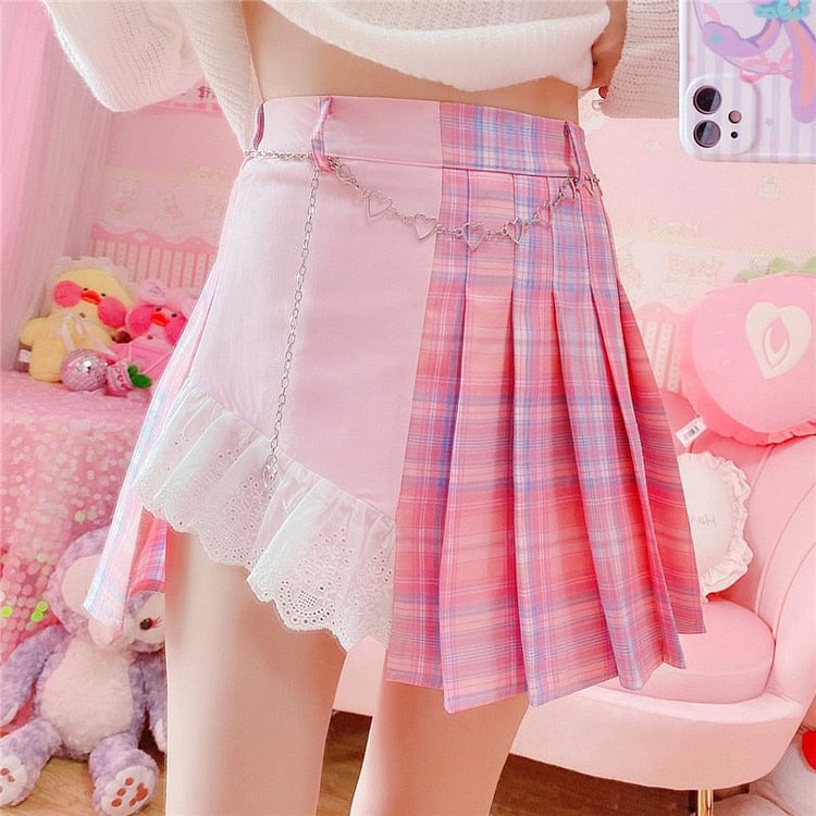 Pastel Color Heart Chain Plaid Skirt - Gotamochi Kawaii Shop, Kawaii Clothes