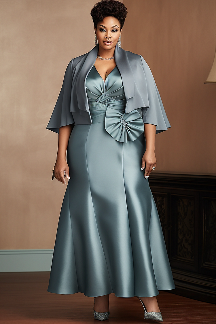 Xpluswear Design Plus Size Mother Of The Bride Elegant Light Green V Neck Cape Sleeve Half Sleeve 3D Satin Two Piece Dress Set 