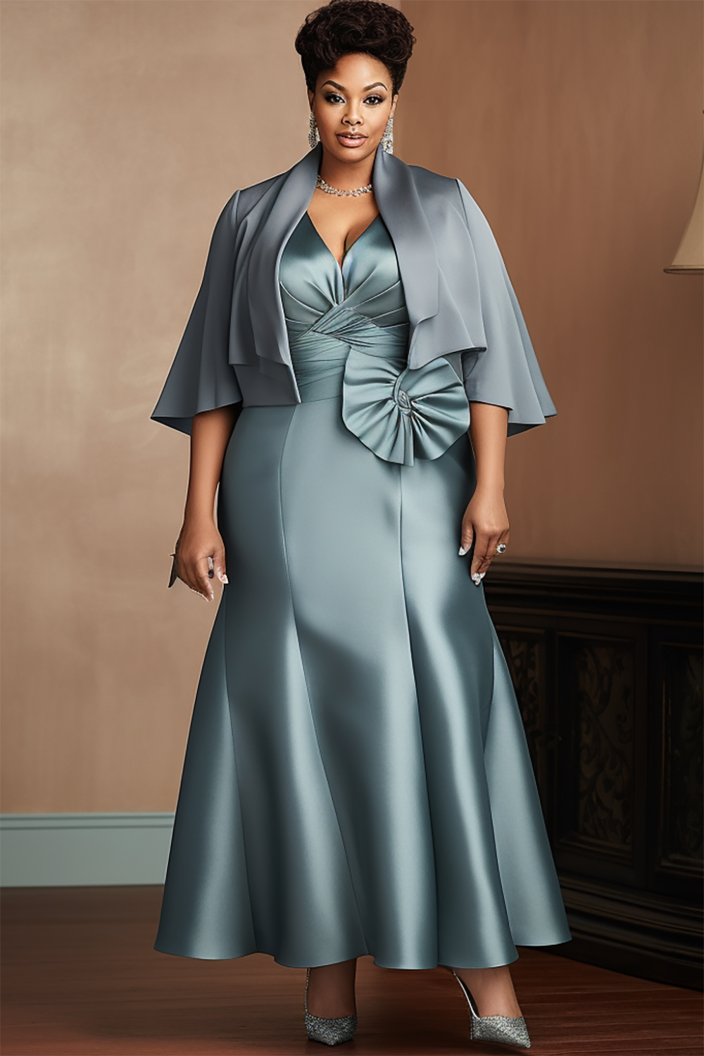 Design Plus Size Mother Of The Bride Elegant Light Green V Neck Cape Sleeve Half Sleeve 3D Satin Two Piece Dress Set [Pre-Order]