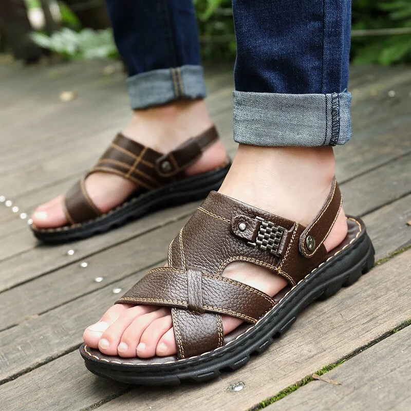 Waterproof Non-Slip Sandals Cow Leather Men's Soft Bottom Wear-Resistant Slippers Dual-Purpose Breathable Sandals