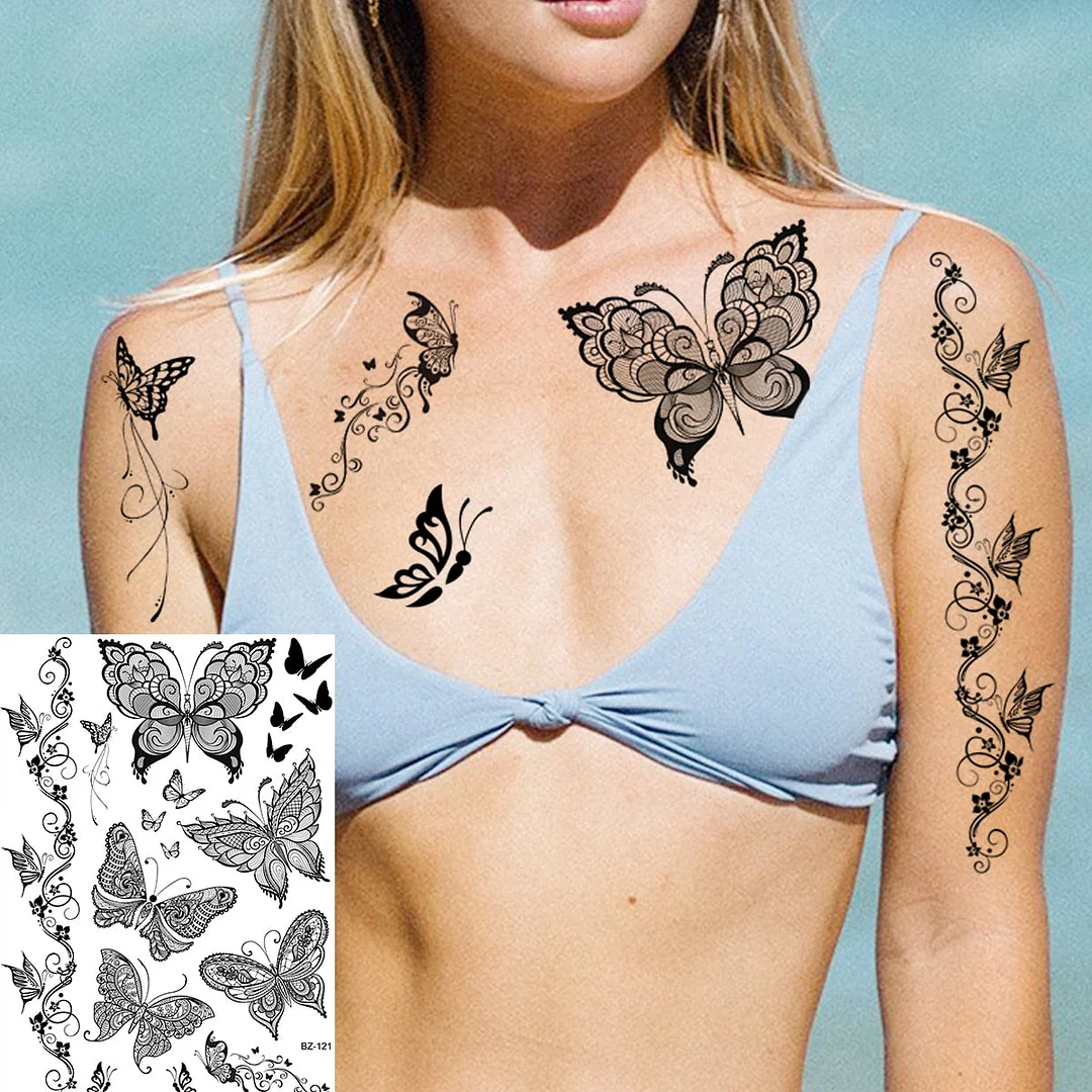 Henna Pendant Temporary Tattoos For Women Undertboob Girls Realistic Butterfly Rose Flower Fake Tattoo Sticker Chest Tatoos
