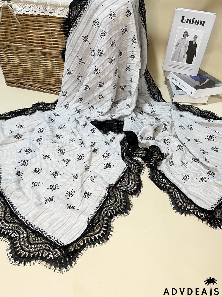 Lace Trim Floral Print Scarf