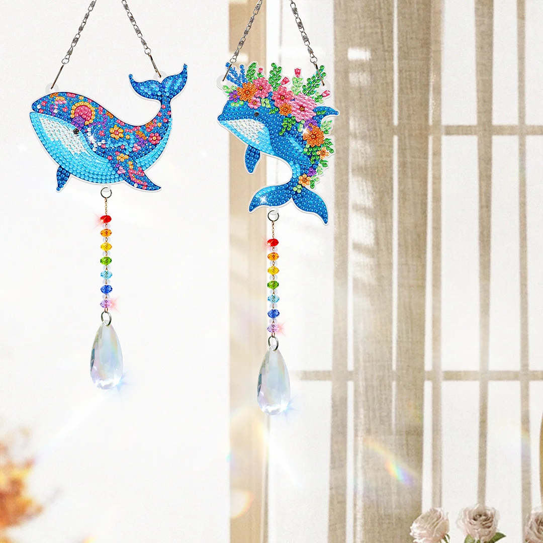 2Pcs Dolphin DIY Double-Sided Diamond Painting Hanging Kits Diamond Painting Suncatcher Craft Kit for Home Garden Wall Decor Gift