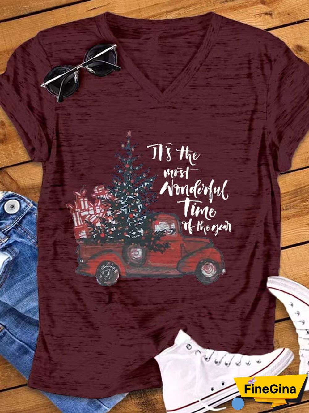 Women's Christmas Truck It's The Most Wonderful Time Of The Year Casual V-Neck Tee