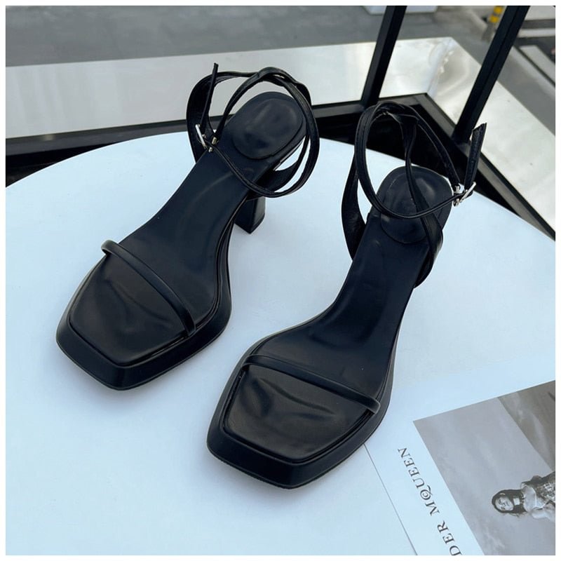 SUOJIALUN 2022 Summer Fashion Women Platform Sandals Square High Heel Narrow Band Ladies Dress Gladiator Pumps Sandal Shoes