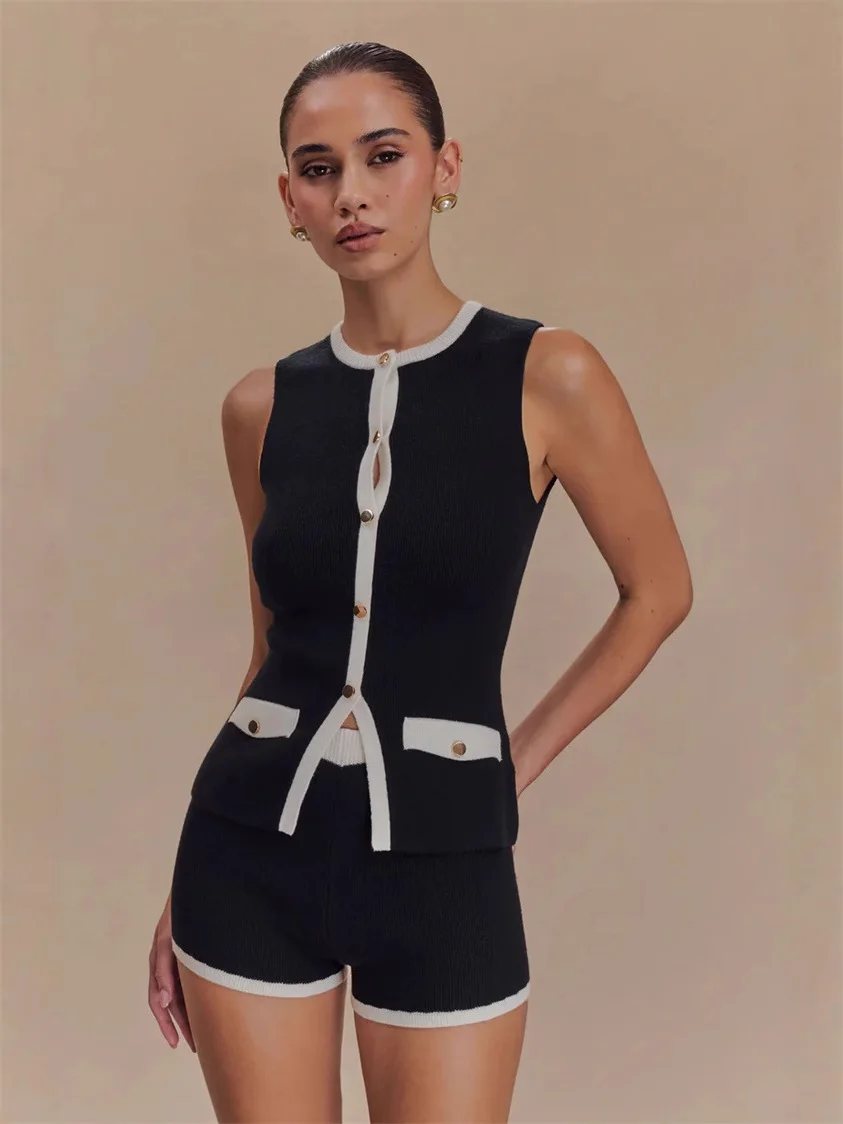 Uveng Uveng Scented Elegant Knitted Top Button French Sleeveless Sleeveless Shirt Vest 2025 Summer Burst Top