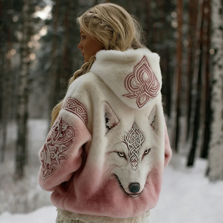 Women's Vintage Wolf Art Gradient Plush Cozy Hoodie