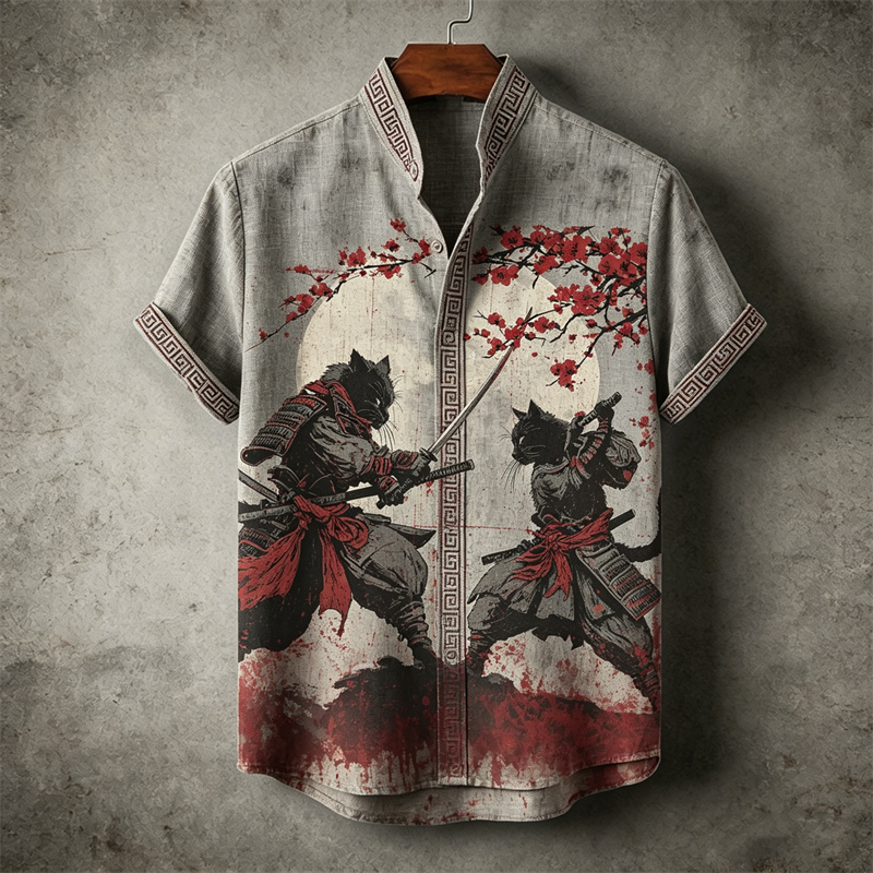Comstylish Men's Fighting Cats Samurai Plum Blossom Bloody Linen Shirt