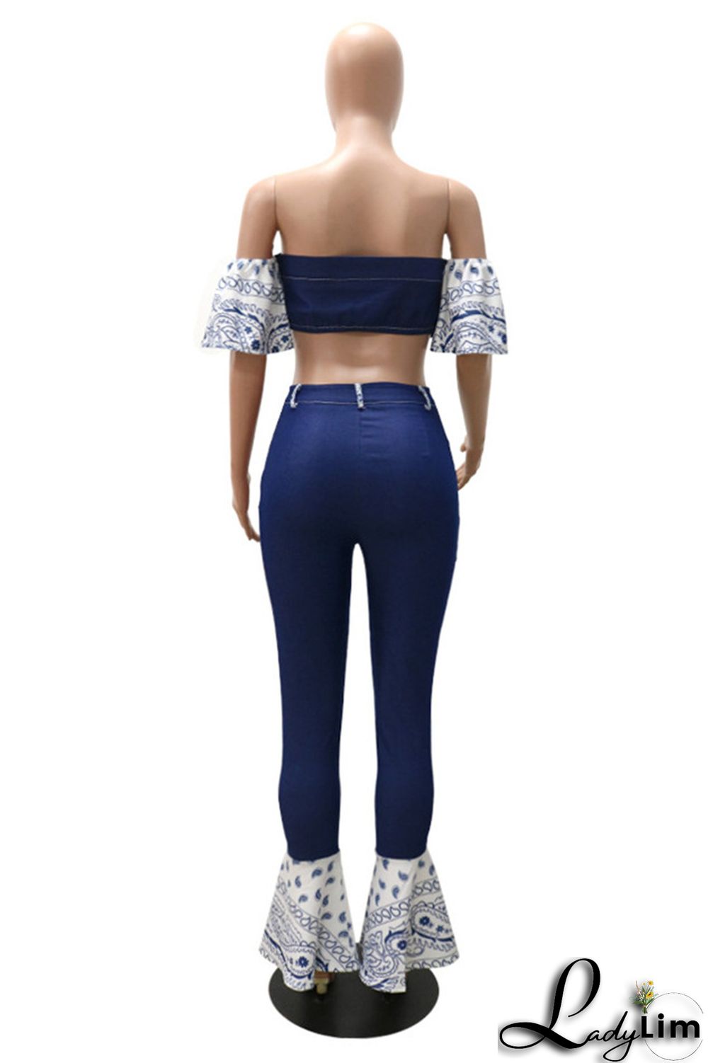Dark Blue Sexy Casual Patchwork Backless Strapless Short Sleeve Two Pieces