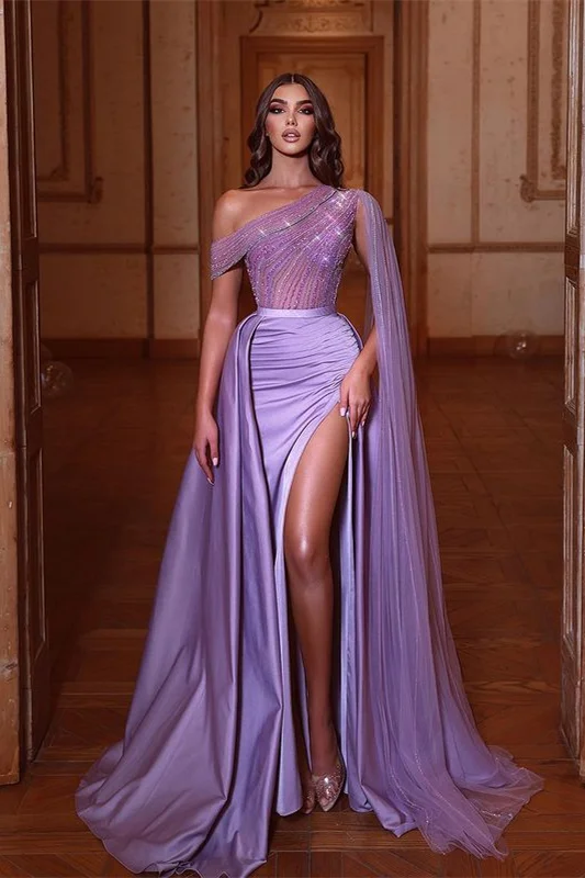 Oknass Gorgeous Lilac One Shoulder Pleated Long Split Prom Dress with Beadings