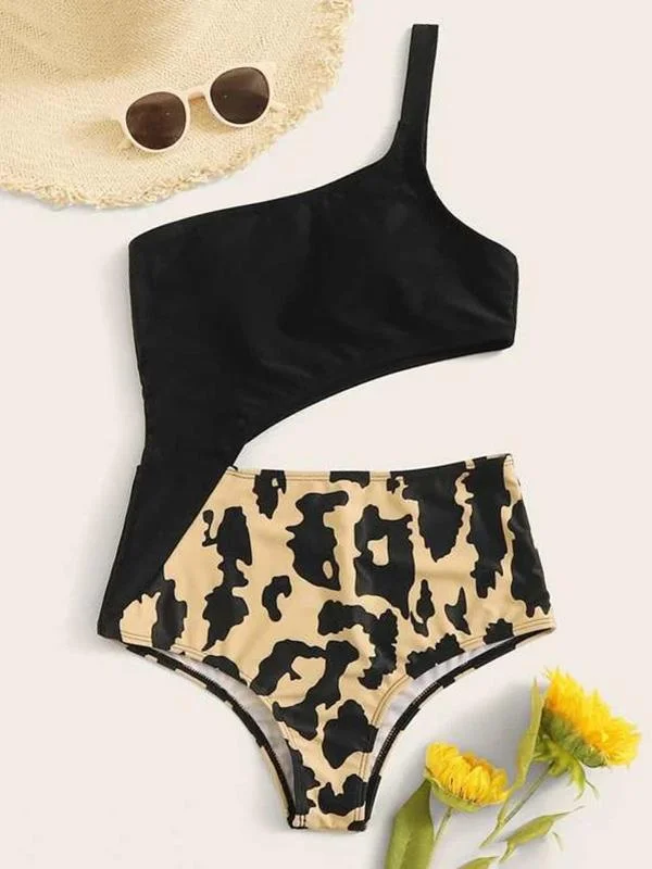 Asymmetric Split-Joint Hollow One-Piece Swimwear