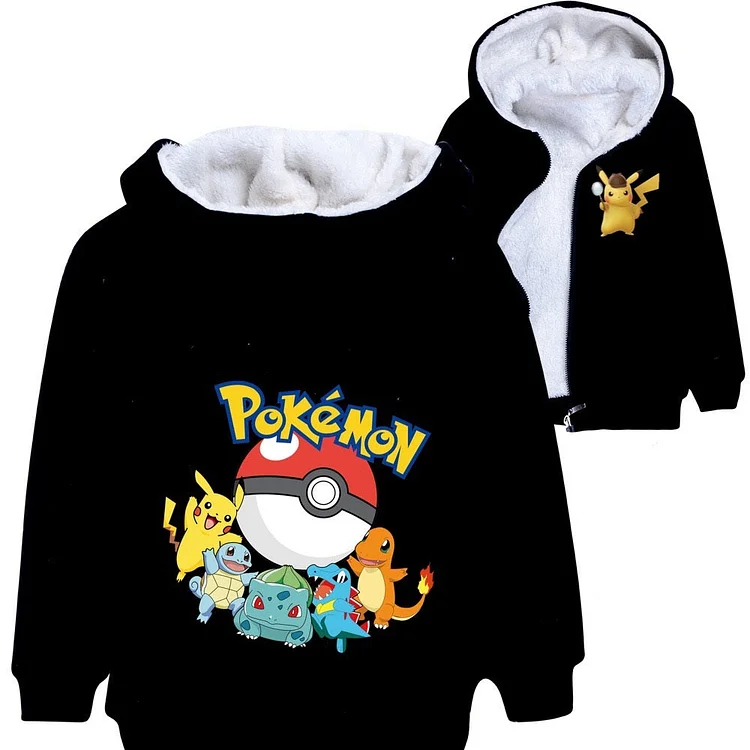 Mayoulove Pikachu Sherpa Lined Hoodie Fleece Sweatshirt Full Zip Jacket for Kids-Mayoulove
