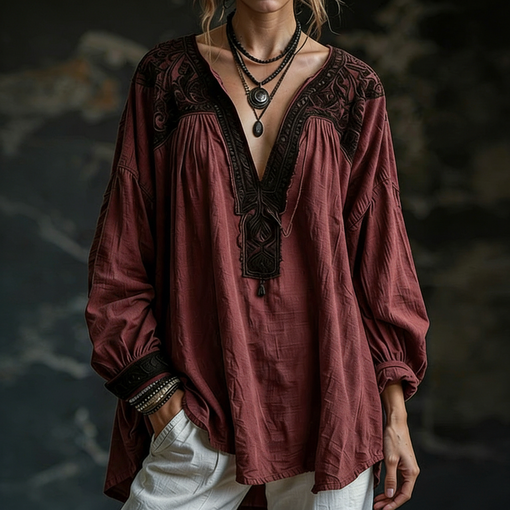 Linen Bohemian Embroidered Top Women's Loose Long Sleeve Peasant Blouse Ethnic Vintage Style Summer Casual Shirt - Helixace