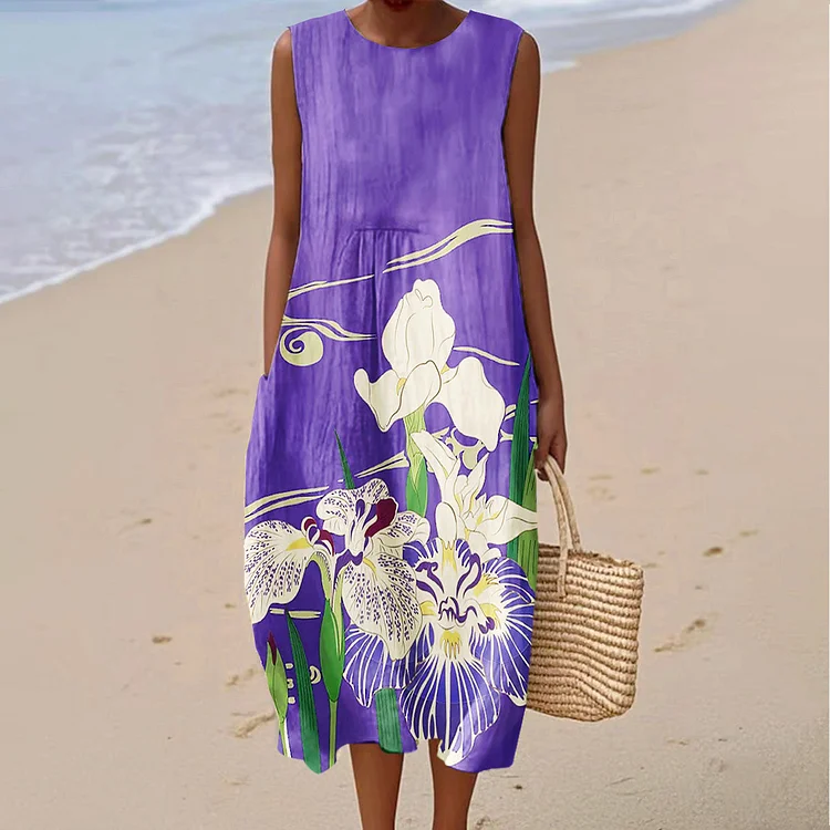 Women's Vintage Floral Art Print Sleeveless Cotton Pocket Wrap Dress