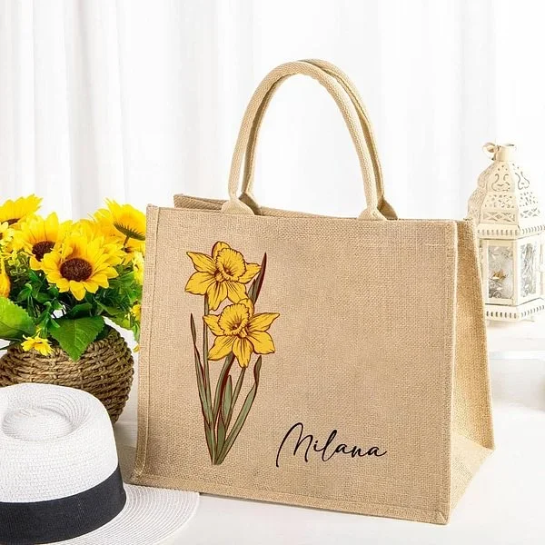 Personalized Birthday Flower Jute Tote Bag with Name