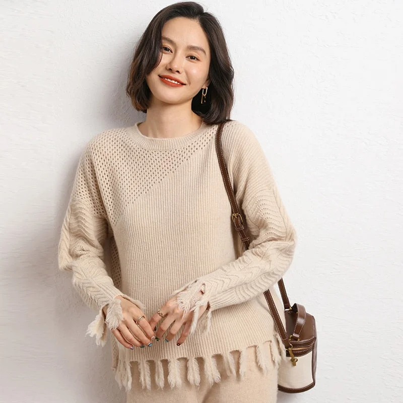 Sonicelife 2023 Autumn and Winter New Women's Tassel Short Round Neck Pullover Hollow Cashmere Sweater