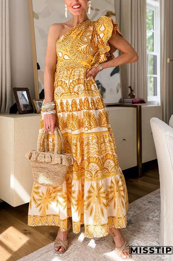 Exquisite Dream Unique Print One Shoulder Ruffle Sleeve Tiered Maxi Dress