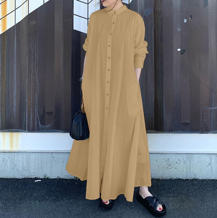 Women Casual Elegant Loose Oversize Solid Lapel Long Sleeve Vintage Cotton Linen Dress