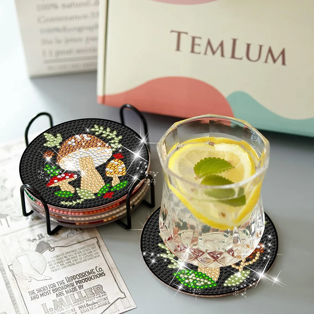 6pcs DIY Mushroom Acrylic Diamond Painting Coasters with Holder Cork Pads