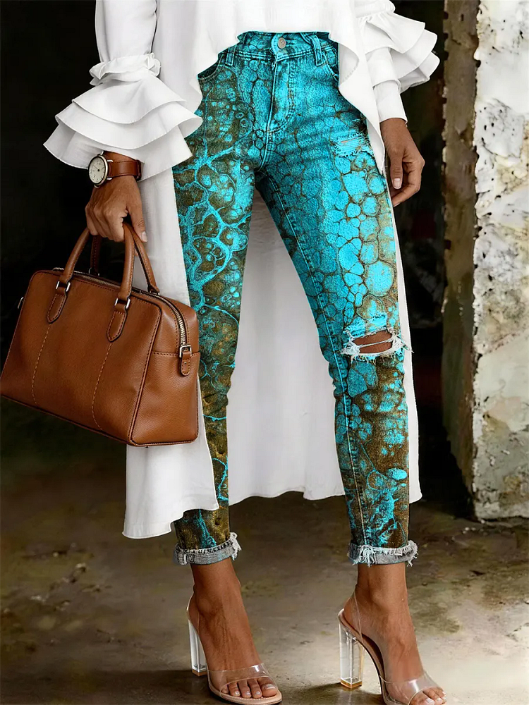 Women's Fashion Casual Multicolor Art Print Ripped Skinny Jeans