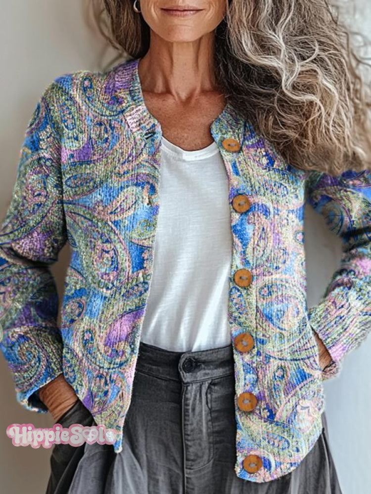 Women’s Paisley Art Pattern Print Buttoned Cardigan Sweater Multicolor / S
