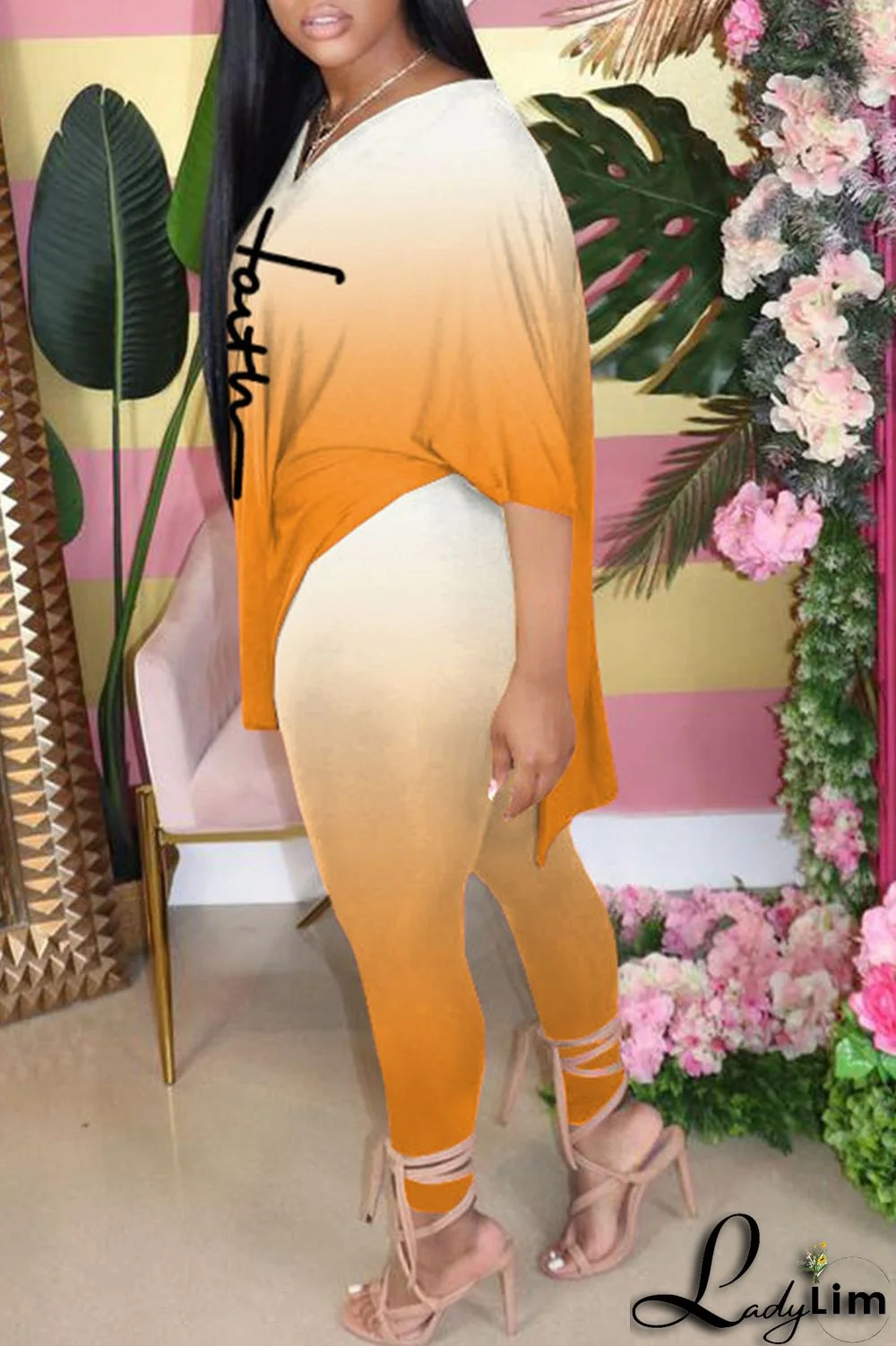 Black Casual Gradual Change Print Patchwork Slit V Neck Half Sleeve Two Pieces