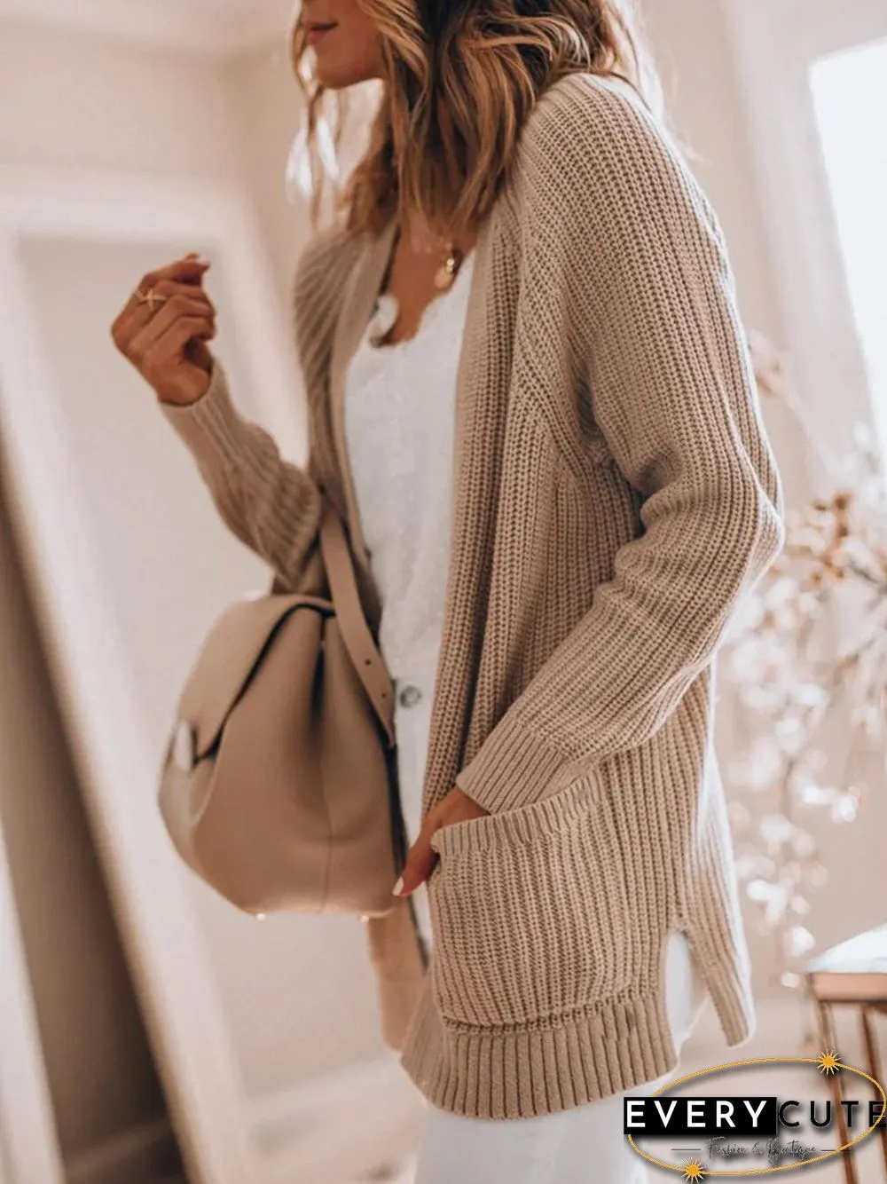Casual Pockets Plain Loose Sweater Cardigan Coat