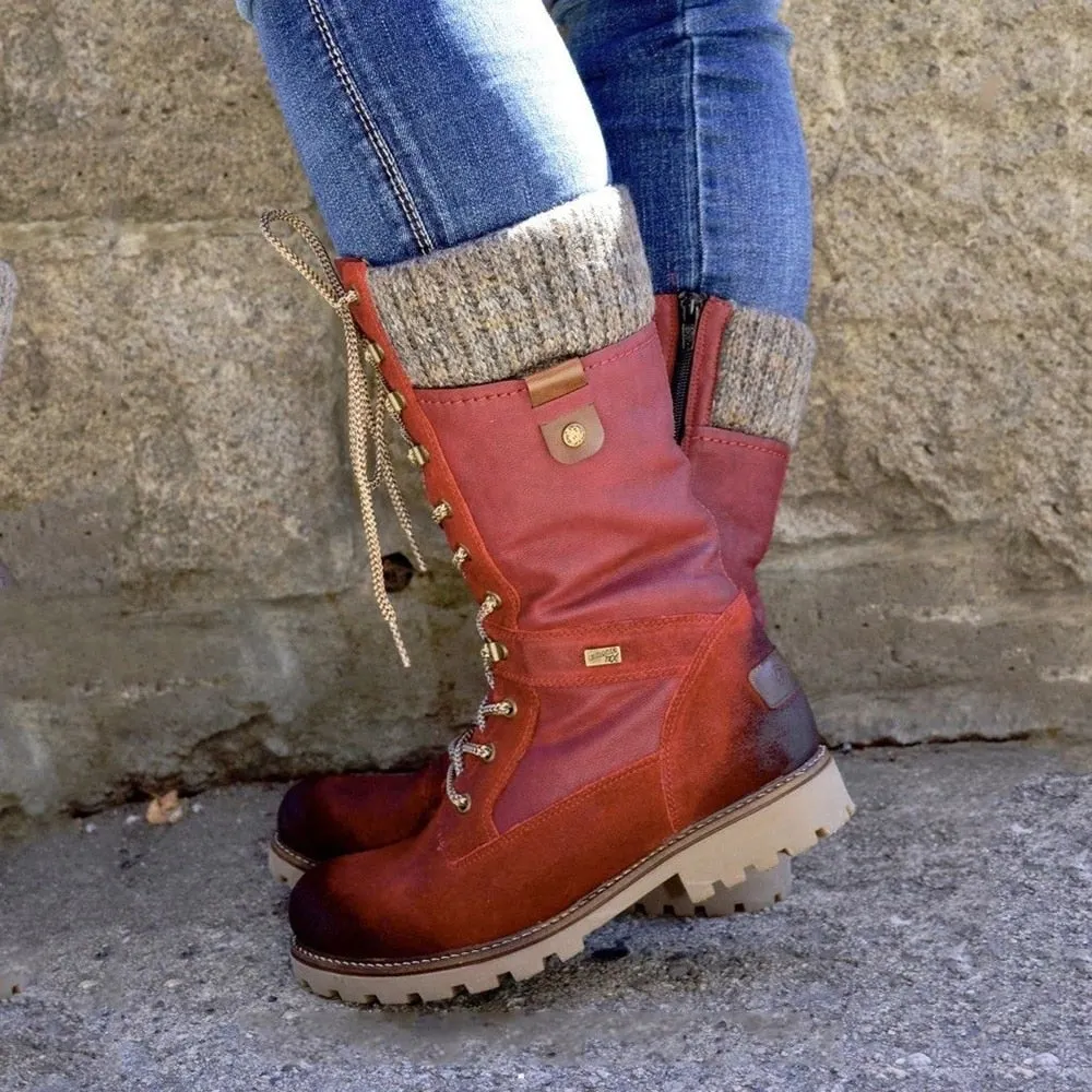 HZSHENGY Women Mid-Calf Boots Round Toe Low-Heeled Non-Slip Boots Knitted Patchwork Side Zipper Lace-Up Female Motorcycle Boots 117